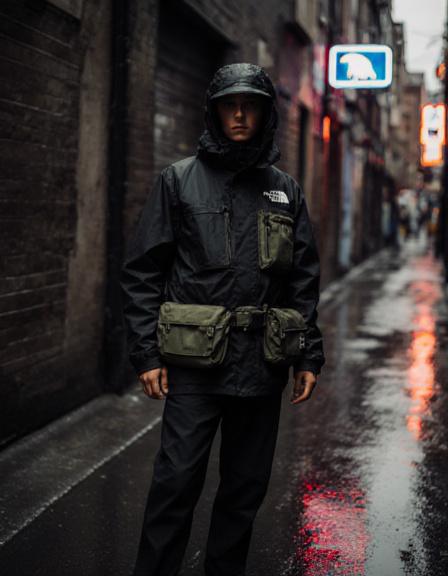 Model in tactical outdoors-inspired streetwear